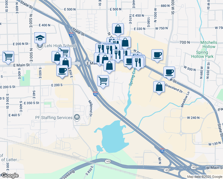 map of restaurants, bars, coffee shops, grocery stores, and more near 180 East 1300 North Street in Lehi