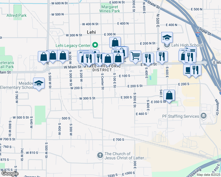 map of restaurants, bars, coffee shops, grocery stores, and more near 170 South 100 West in Lehi