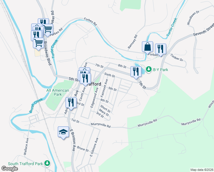 map of restaurants, bars, coffee shops, grocery stores, and more near 518 Fairmont Avenue in Trafford