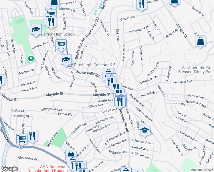 map of restaurants, bars, coffee shops, grocery stores, and more near 2553 Churchview Avenue in Pittsburgh