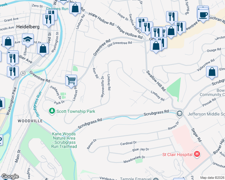 map of restaurants, bars, coffee shops, grocery stores, and more near 734 Lindsay Road in Carnegie