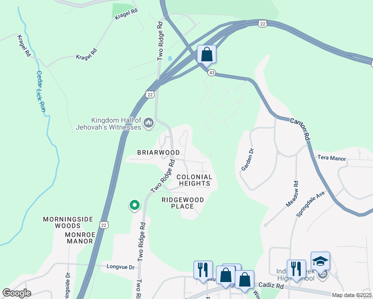 map of restaurants, bars, coffee shops, grocery stores, and more near 37 North Byron Drive in Steubenville