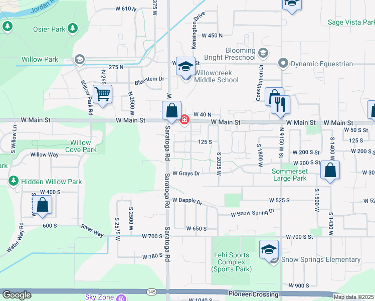map of restaurants, bars, coffee shops, grocery stores, and more near 189 Tamarak Circle in Lehi
