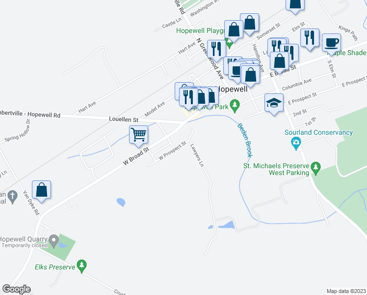 map of restaurants, bars, coffee shops, grocery stores, and more near 87 West Prospect Street in Hopewell