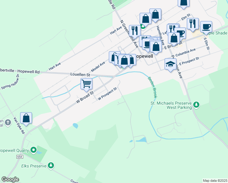 map of restaurants, bars, coffee shops, grocery stores, and more near 87 West Prospect Street in Hopewell