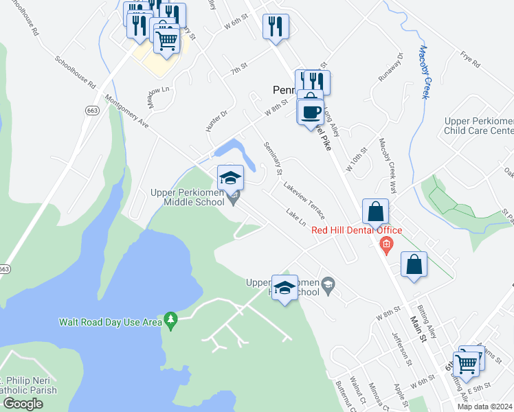 map of restaurants, bars, coffee shops, grocery stores, and more near 910 Montgomery Avenue in Pennsburg