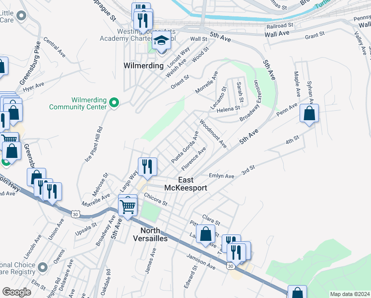 map of restaurants, bars, coffee shops, grocery stores, and more near 802 Punta Gorda Avenue in East McKeesport