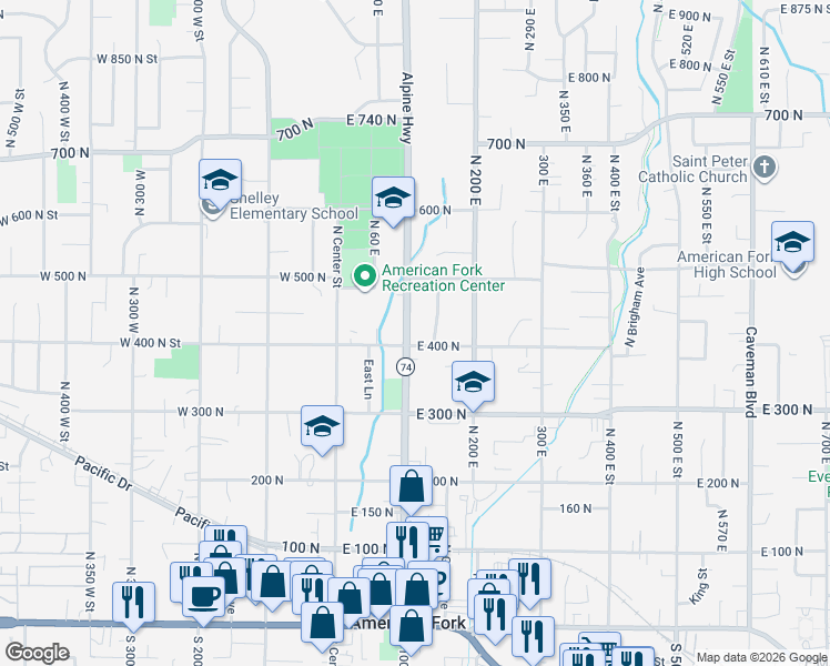 map of restaurants, bars, coffee shops, grocery stores, and more near 414 North 100 East in American Fork