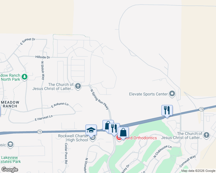 map of restaurants, bars, coffee shops, grocery stores, and more near 3607 East Bluebell Drive in Eagle Mountain