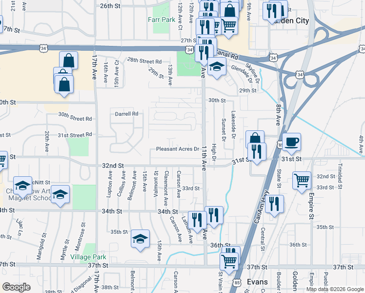 map of restaurants, bars, coffee shops, grocery stores, and more near 1132 30th Street Road in Greeley