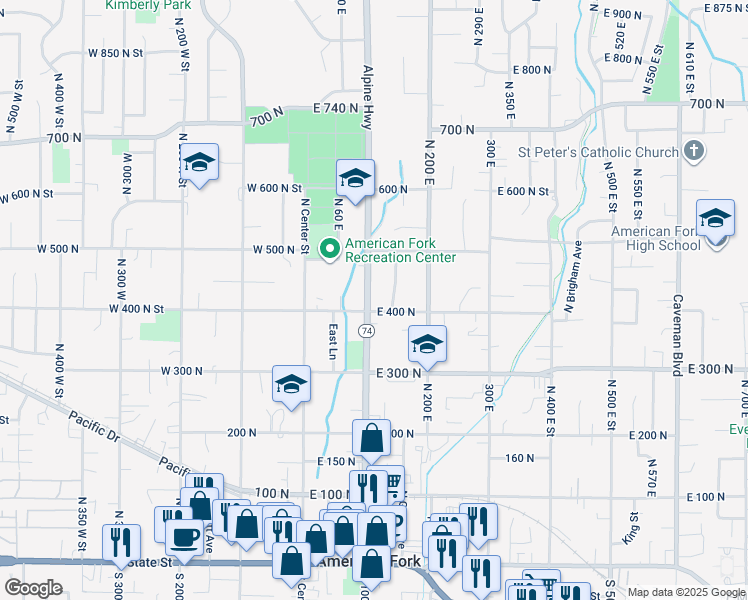 map of restaurants, bars, coffee shops, grocery stores, and more near 414 North 100 East in American Fork