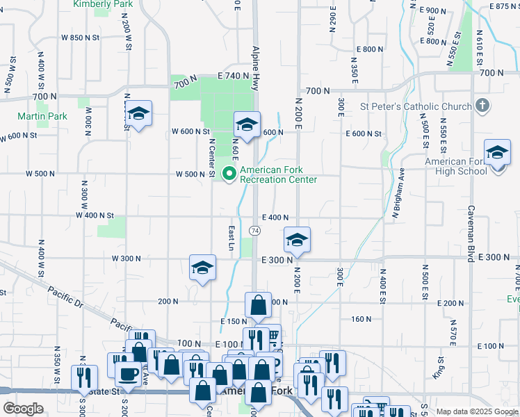 map of restaurants, bars, coffee shops, grocery stores, and more near 414 North 100 East in American Fork