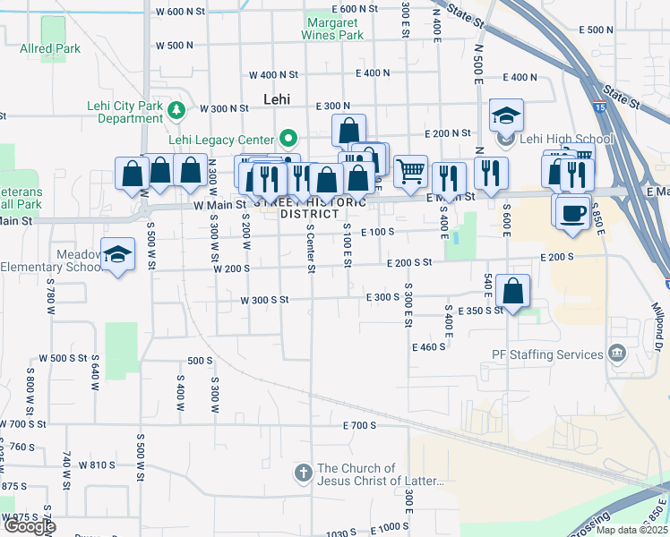 map of restaurants, bars, coffee shops, grocery stores, and more near 170 South 100 West in Lehi