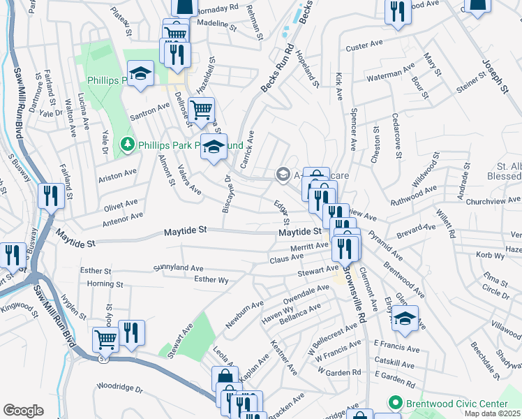 map of restaurants, bars, coffee shops, grocery stores, and more near 21 Wysox Street in Pittsburgh