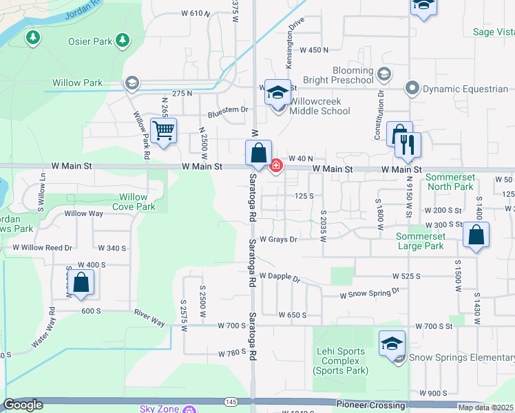 map of restaurants, bars, coffee shops, grocery stores, and more near 180 Tamarak Circle in Lehi