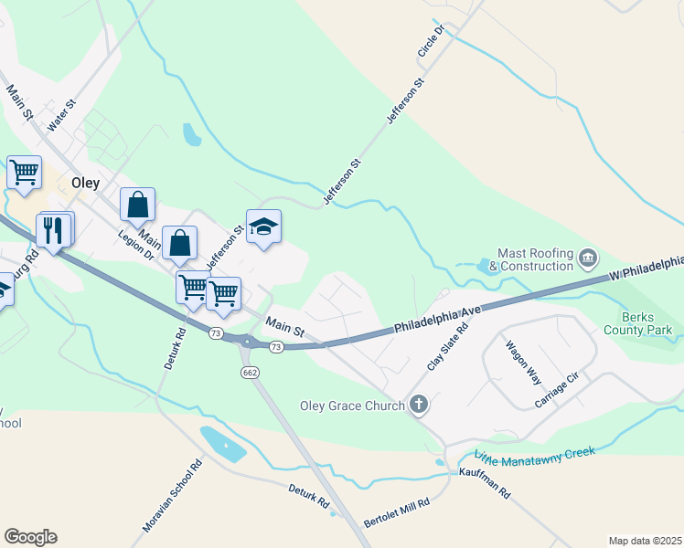 map of restaurants, bars, coffee shops, grocery stores, and more near 1 Lupine Lane in Oley