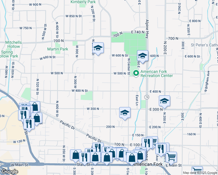 map of restaurants, bars, coffee shops, grocery stores, and more near 460 North 100 West in American Fork