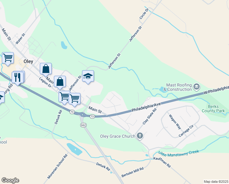 map of restaurants, bars, coffee shops, grocery stores, and more near 1 Lupine Lane in Oley
