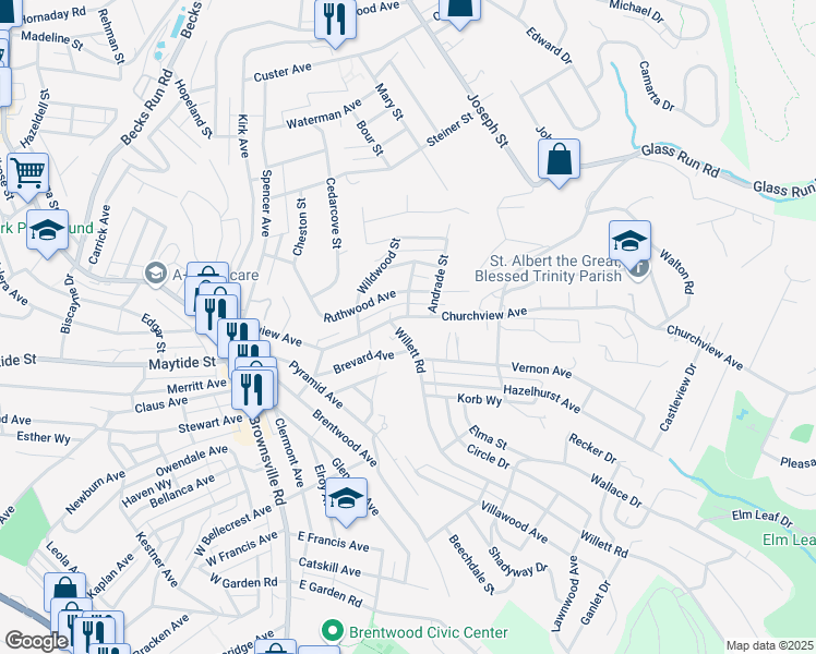 map of restaurants, bars, coffee shops, grocery stores, and more near 3005 Churchview Avenue in Pittsburgh