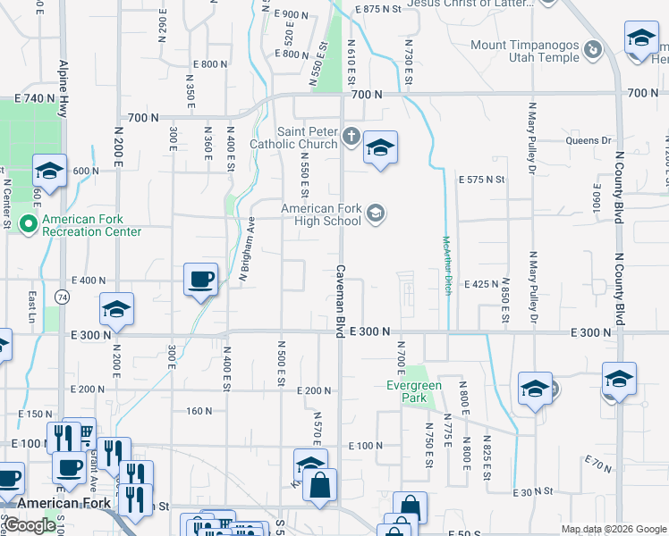 map of restaurants, bars, coffee shops, grocery stores, and more near 443 Caveman Boulevard in American Fork