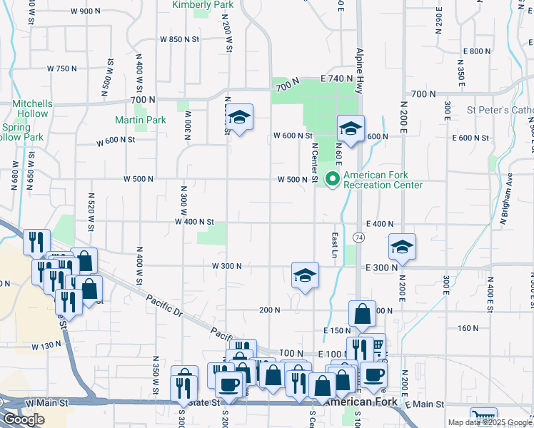 map of restaurants, bars, coffee shops, grocery stores, and more near 460 North 100 West in American Fork