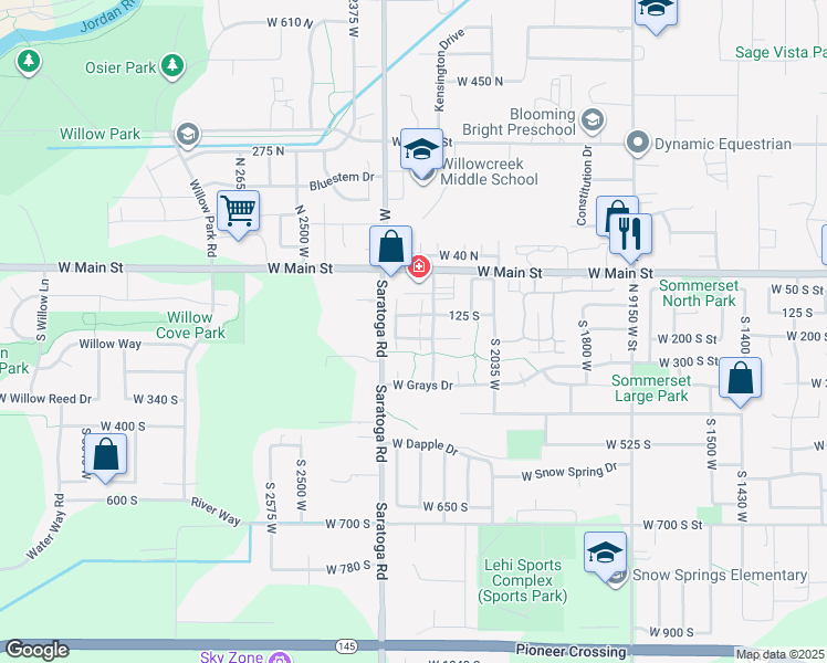 map of restaurants, bars, coffee shops, grocery stores, and more near 112 Tamarak Circle in Lehi