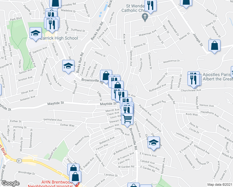 map of restaurants, bars, coffee shops, grocery stores, and more near 2553 Churchview Avenue in Pittsburgh