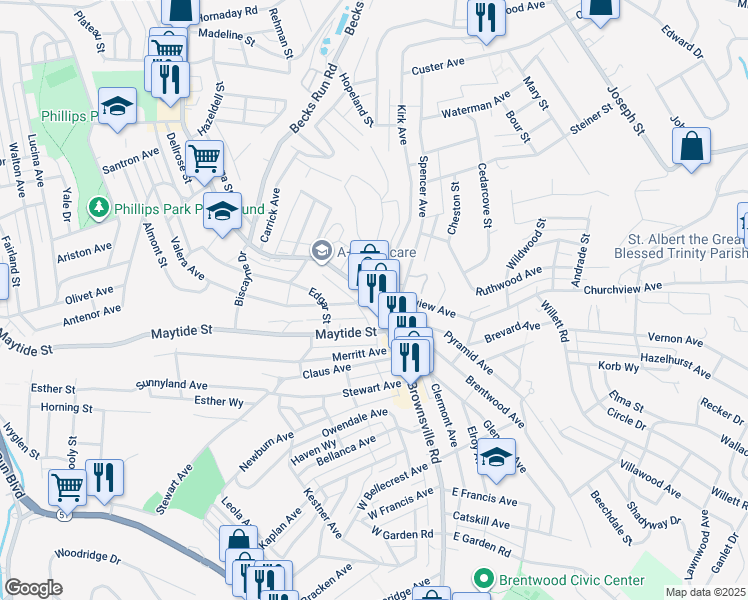 map of restaurants, bars, coffee shops, grocery stores, and more near 2553 Churchview Avenue in Pittsburgh