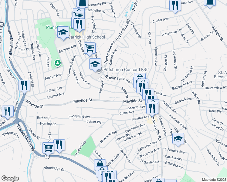 map of restaurants, bars, coffee shops, grocery stores, and more near 2420 Edgar Street in Pittsburgh