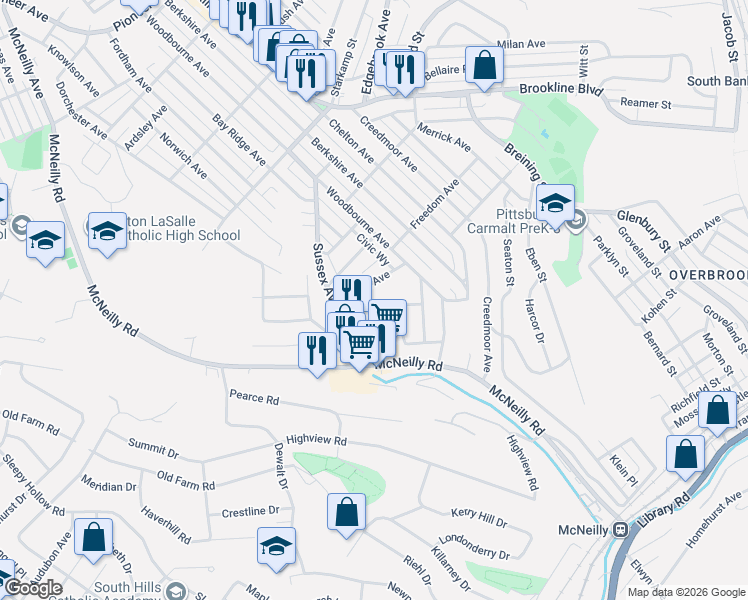 map of restaurants, bars, coffee shops, grocery stores, and more near 2727 Cedric Avenue in Pittsburgh