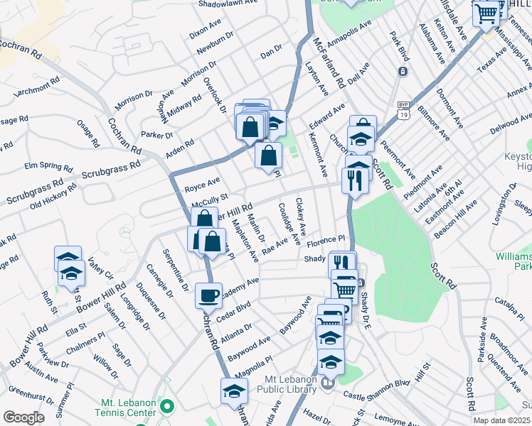 map of restaurants, bars, coffee shops, grocery stores, and more near 329 Bower Hill Road in Pittsburgh