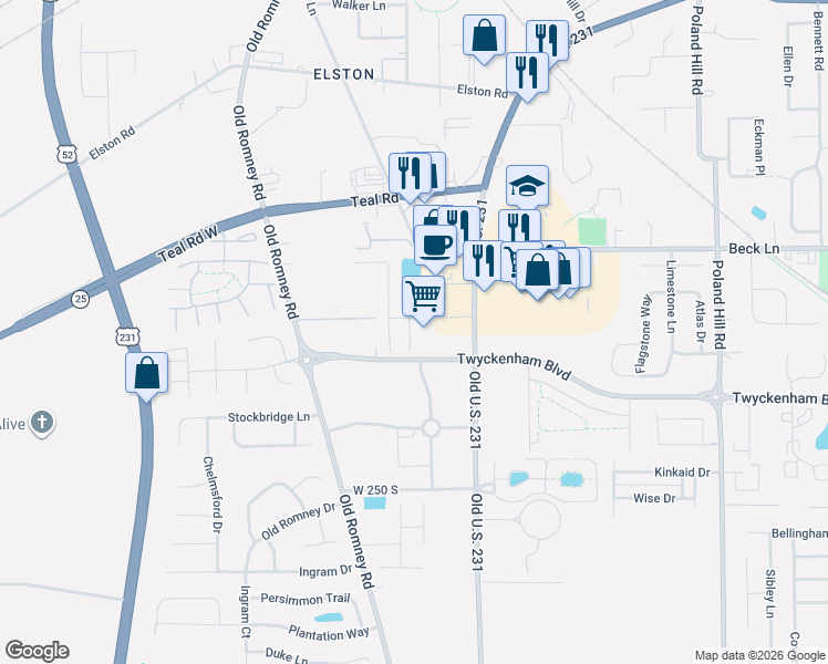 map of restaurants, bars, coffee shops, grocery stores, and more near 250-298 Plaza Lane in Lafayette