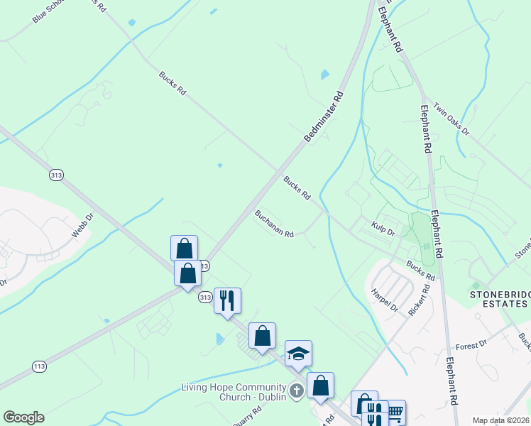 map of restaurants, bars, coffee shops, grocery stores, and more near 470 Buchanan Road in Perkasie