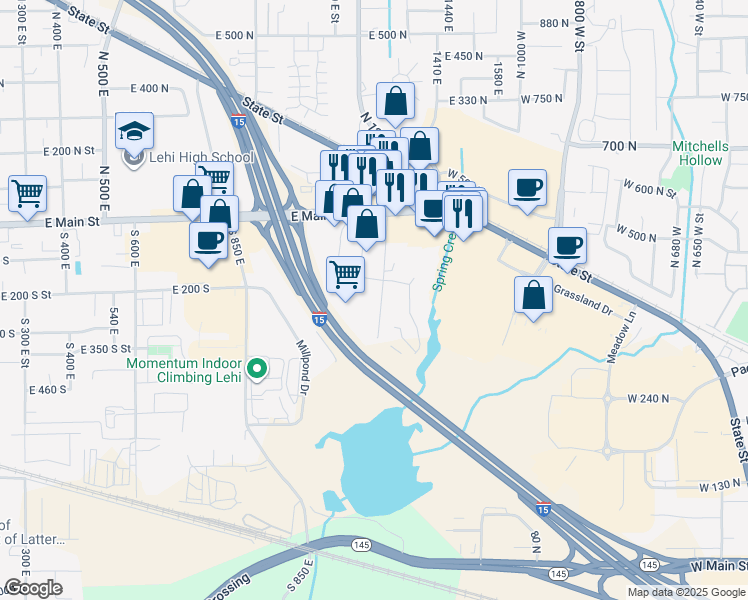map of restaurants, bars, coffee shops, grocery stores, and more near 200 South 1350 East Street in Lehi