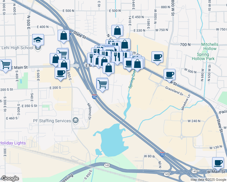 map of restaurants, bars, coffee shops, grocery stores, and more near 64 South 1350 East Street in Lehi