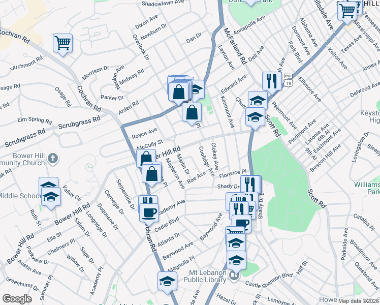 map of restaurants, bars, coffee shops, grocery stores, and more near 329 Bower Hill Road in Pittsburgh