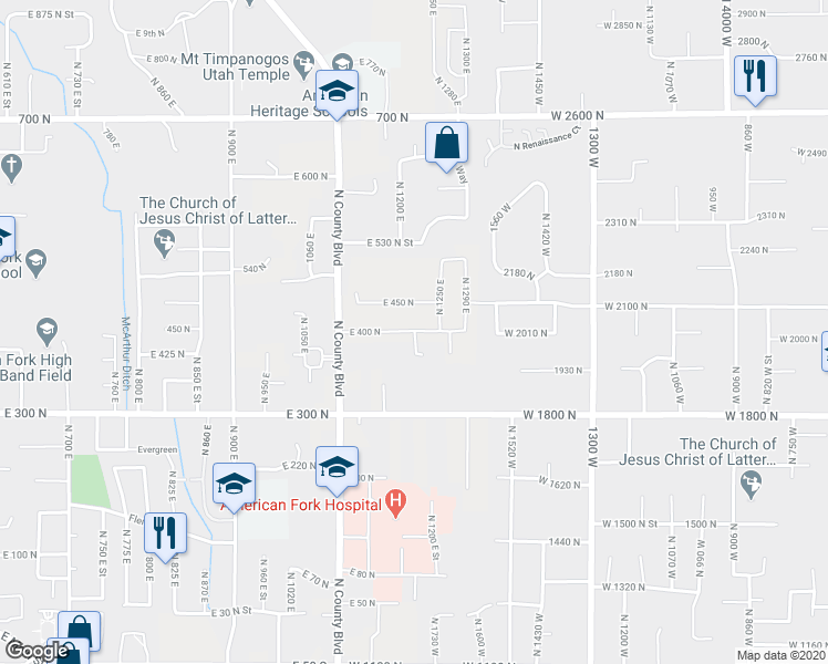 map of restaurants, bars, coffee shops, grocery stores, and more near 2321 North 1200 East in American Fork