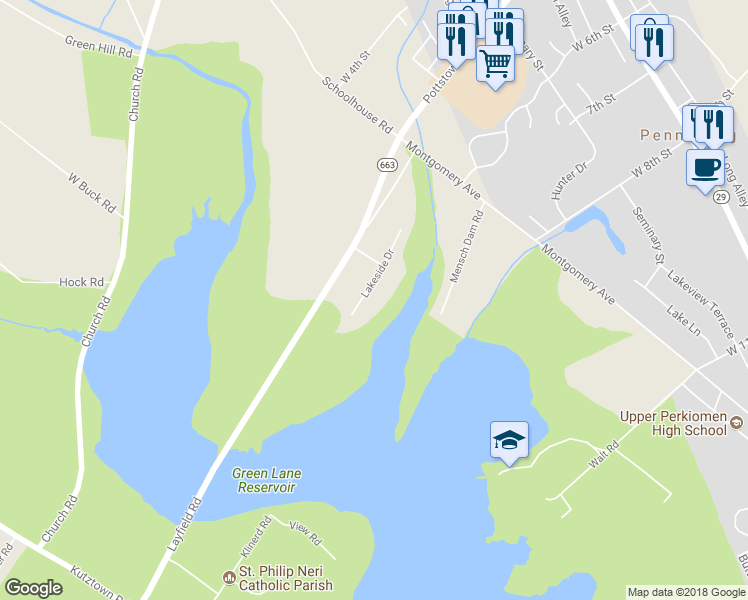 map of restaurants, bars, coffee shops, grocery stores, and more near 1550 Lakeside Drive in Pennsburg