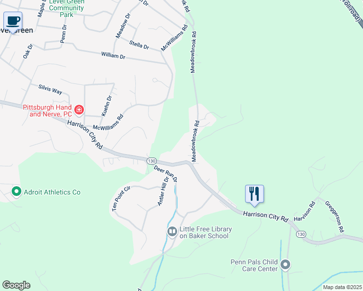 map of restaurants, bars, coffee shops, grocery stores, and more near 406A Meadowbrook Road in Trafford