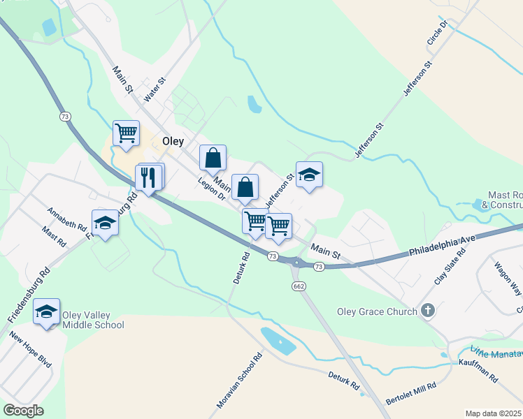 map of restaurants, bars, coffee shops, grocery stores, and more near 511 Main Street in Oley
