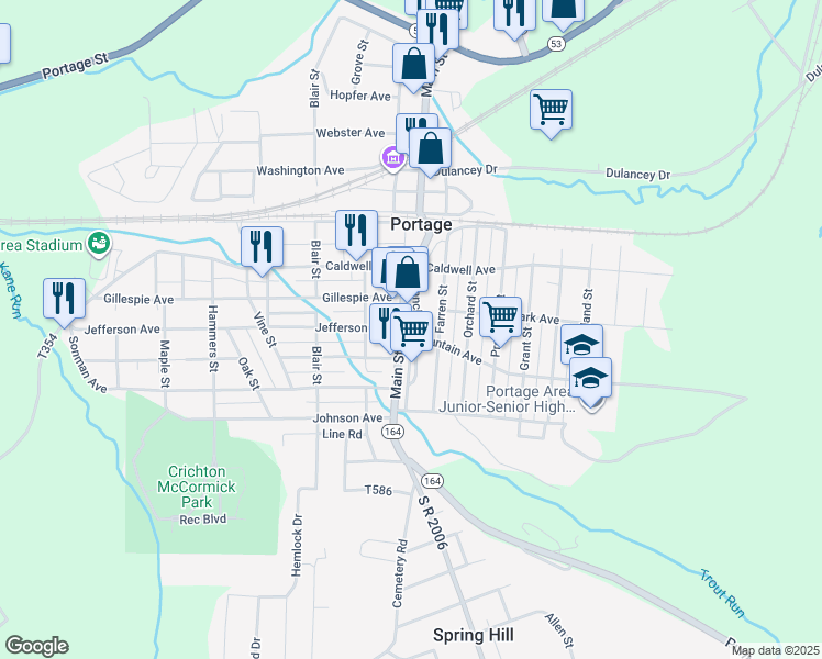 map of restaurants, bars, coffee shops, grocery stores, and more near 799 Branch St in Portage