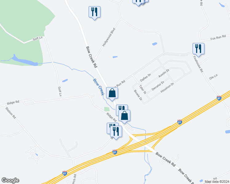 map of restaurants, bars, coffee shops, grocery stores, and more near Fox Run Road in Grantville