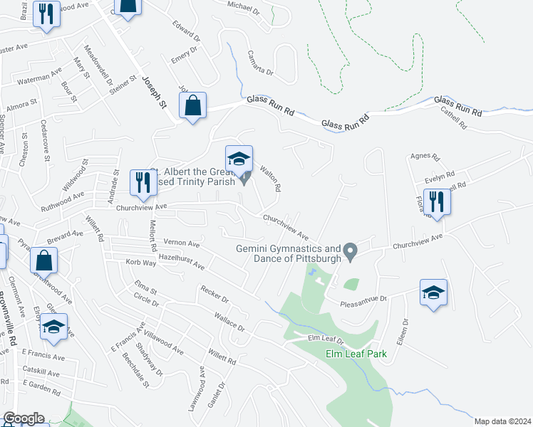 map of restaurants, bars, coffee shops, grocery stores, and more near 3179 Churchview Avenue in Pittsburgh