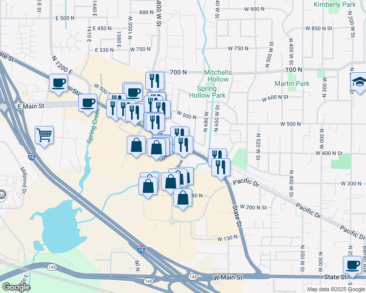 map of restaurants, bars, coffee shops, grocery stores, and more near 734 West State Road in American Fork
