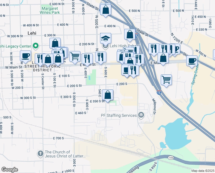 map of restaurants, bars, coffee shops, grocery stores, and more near 225 South 600 East in Lehi
