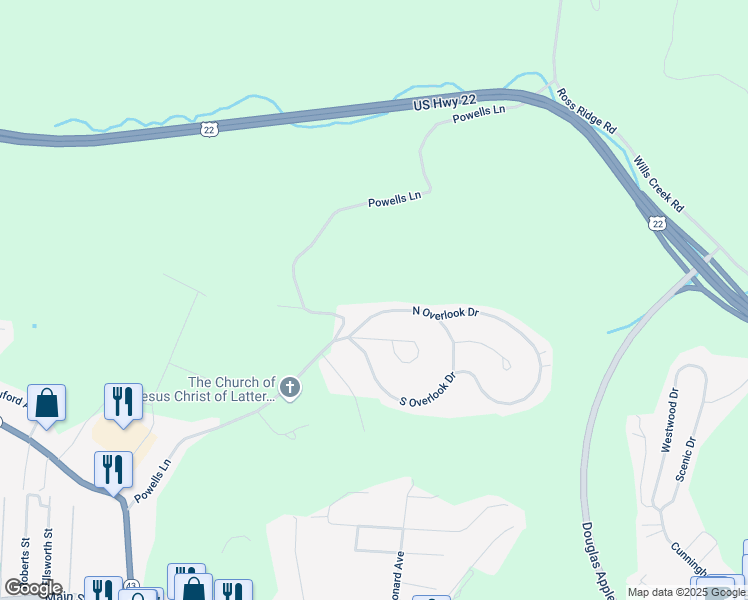 map of restaurants, bars, coffee shops, grocery stores, and more near 1031 North Overlook Drive in Wintersville