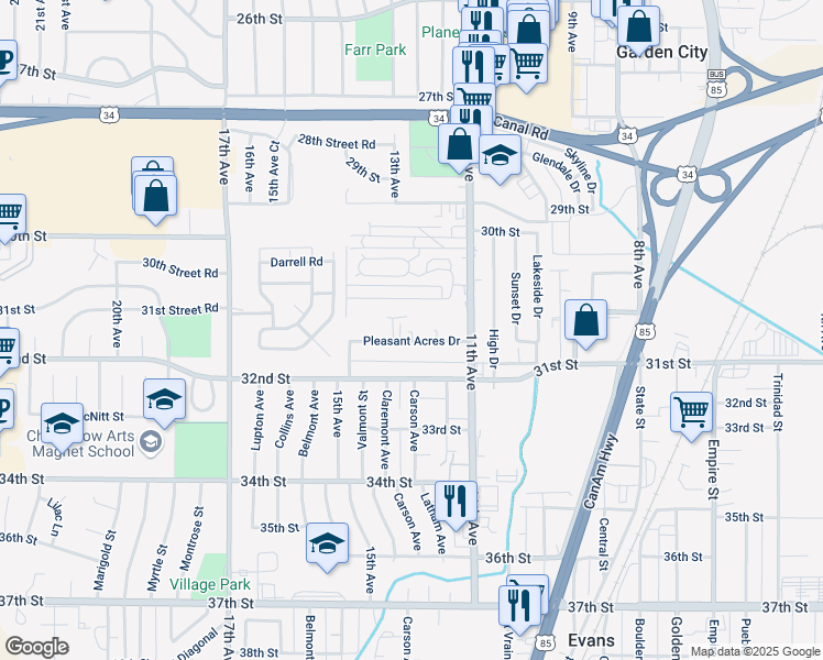 map of restaurants, bars, coffee shops, grocery stores, and more near 1132 30th Street Road in Greeley