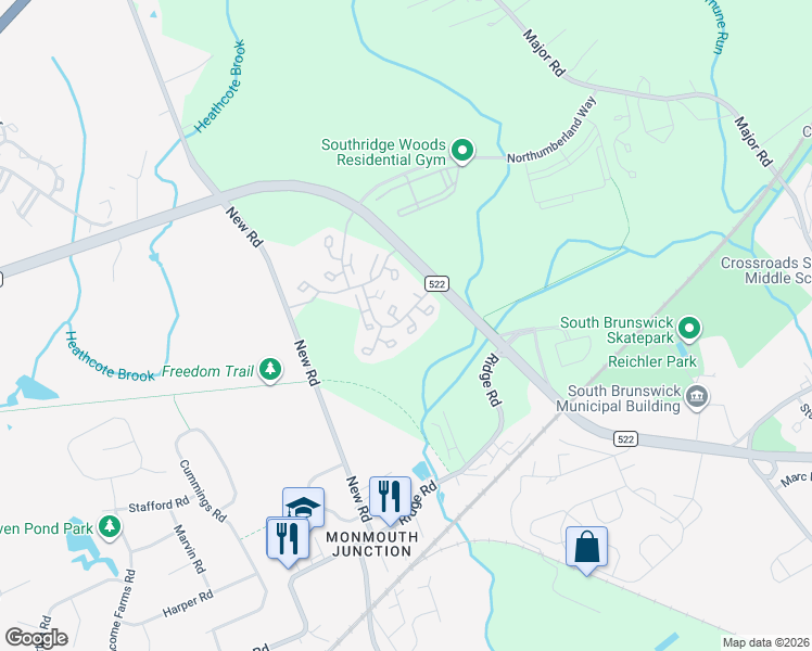 map of restaurants, bars, coffee shops, grocery stores, and more near 14 Rosebay Court in South Brunswick Township