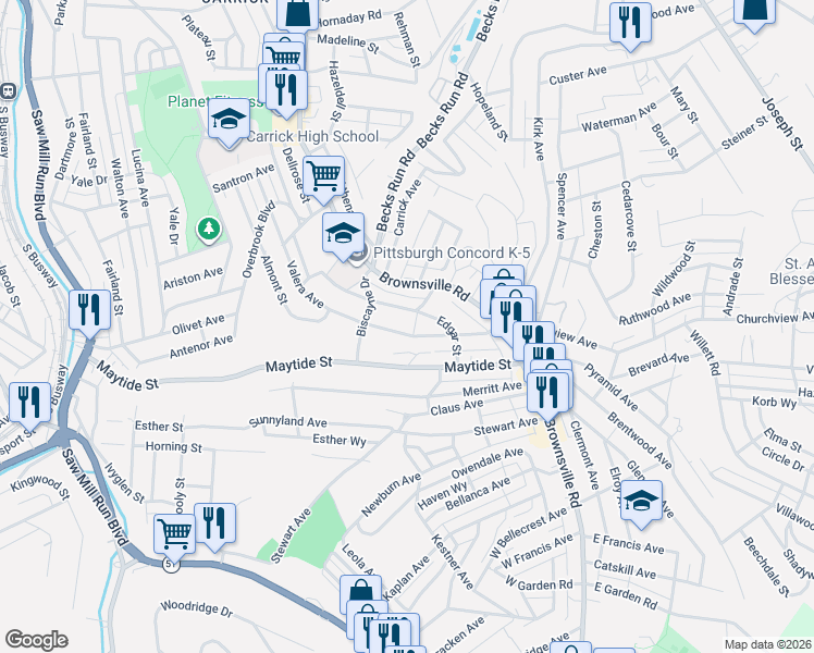 map of restaurants, bars, coffee shops, grocery stores, and more near 2420 Edgar Street in Pittsburgh