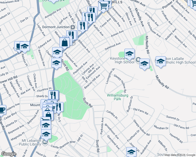 map of restaurants, bars, coffee shops, grocery stores, and more near 3248 Beacon Hill Avenue in Pittsburgh
